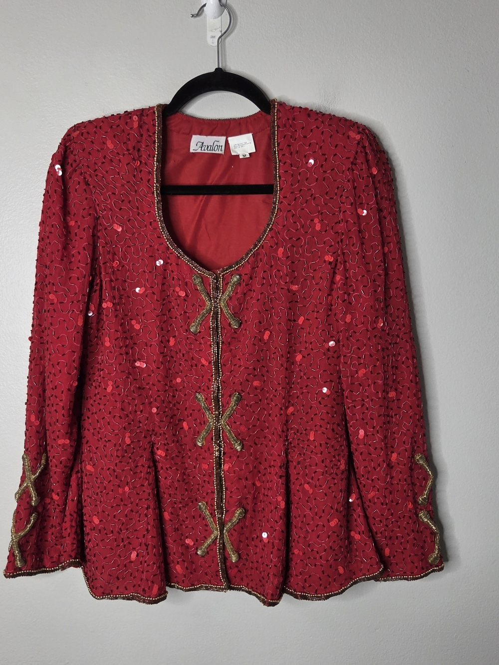 Avalon Red Sequin Embellished Silk Jacket with Gold Trim